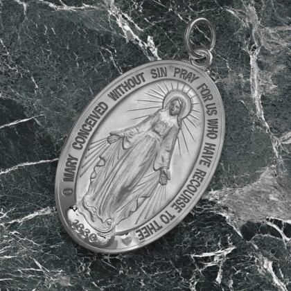 925 Sterling Silver Large 39mm Oval Virgin Mary Antique Pendant Necklace