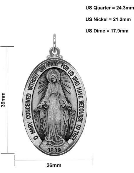 925 Sterling Silver Large 39mm Oval Virgin Mary Antique Pendant Necklace