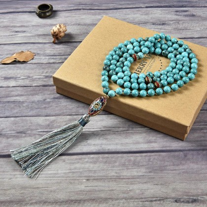 Cherry Tree Collection Mala Necklace | 108 Hand-Knotted 8mm Gemstone Round Beads, Tibetan Guru and Counter Beads, and Tassel | Meditation, Buddhist Prayer, Healing