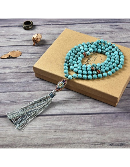 Cherry Tree Collection Mala Necklace | 108 Hand-Knotted 8mm Gemstone Round Beads, Tibetan Guru and Counter Beads, and Tassel | Meditation, Buddhist Prayer, Healing