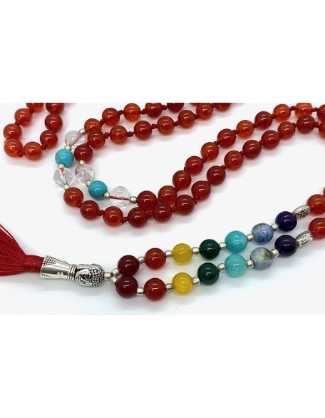 Energized 7 Chakra mala Hand Knotted 108 mala beads necklaces - Japa mala - Buddhist prayer beads - Meditation beads - Healing crystals for men women (Carnelian 1st chakra Root Chakra Mala)