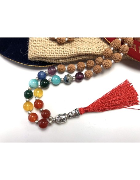 Energized 7 Chakra mala Hand Knotted 108 mala beads necklaces - Japa mala - Buddhist prayer beads - Meditation beads - Healing crystals for men women (Rudraksha 7 Chakra mala)