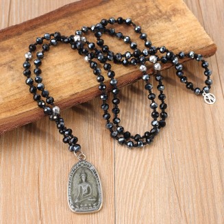 Buddha Pendant Necklaces Natural Stone Beaded Necklaces Handmade Long Chain Strands Necklaces Jewelry for Women (Brown C)