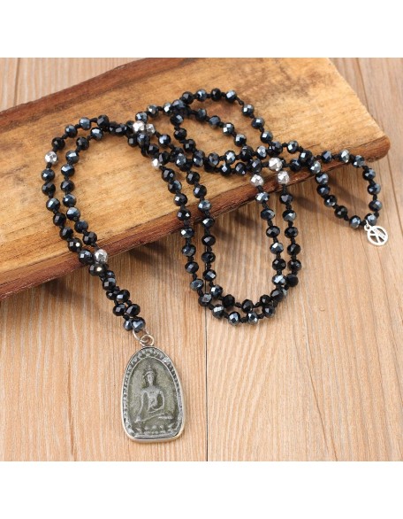 Buddha Pendant Necklaces Natural Stone Beaded Necklaces Handmade Long Chain Strands Necklaces Jewelry for Women (Brown C)