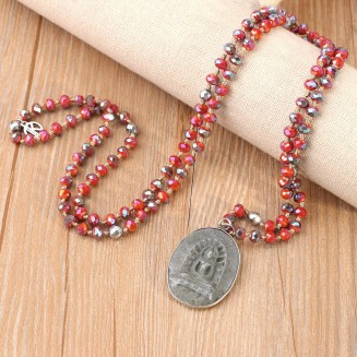 Buddha Pendant Necklaces Natural Stone Beaded Necklaces Handmade Long Chain Strands Necklaces Jewelry for Women Girls