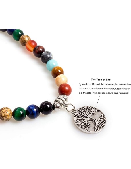 108 Mala Beads Meditation Necklace 7 Chakra Buddhist Prayer Beaded Bracelet Tree of Life Pendant Necklace Healing Stone Yoga Necklace Women Men Bracelets