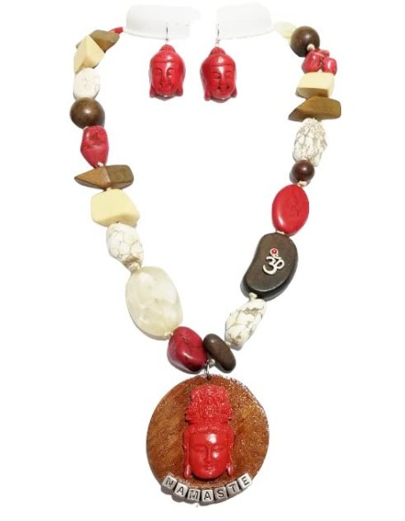 Carved Cinnabar Buddha Amulet Long Gemstone Necklace Earrings One of a Kind