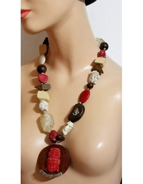 Carved Cinnabar Buddha Amulet Long Gemstone Necklace Earrings One of a Kind