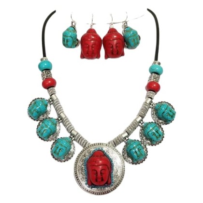 Carved Turquoise Gemstone 7 Buddha Pendants Necklace 2 X Earrings Bracelet One of a Kind