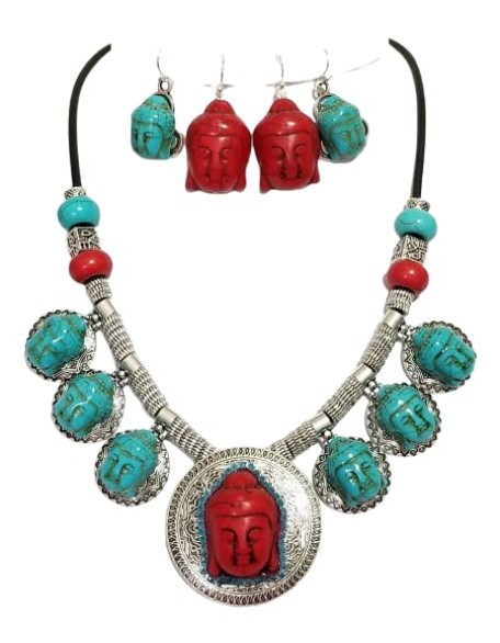 Carved Turquoise Gemstone 7 Buddha Pendants Necklace 2 X Earrings Bracelet One of a Kind