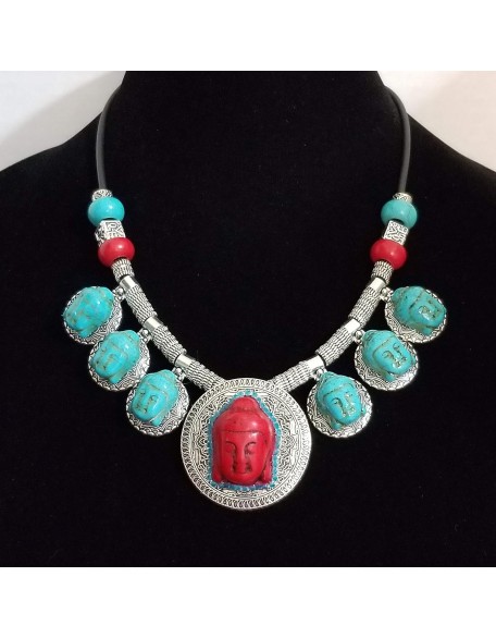 Carved Turquoise Gemstone 7 Buddha Pendants Necklace 2 X Earrings Bracelet One of a Kind