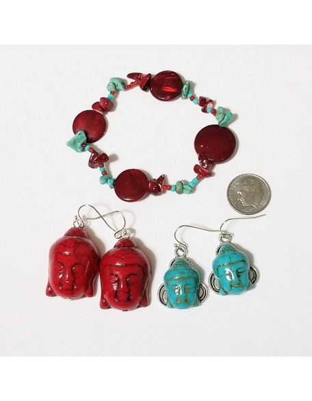 Carved Turquoise Gemstone 7 Buddha Pendants Necklace 2 X Earrings Bracelet One of a Kind