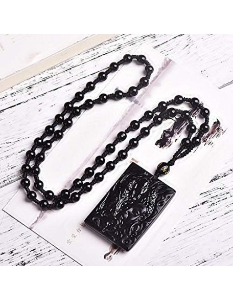 New Wonderful Natural Black Obsidian Hand Carved Buddha Devil Blink Lucky Amulet Pendant + Beads Necklace Fashion Jewelry