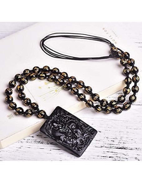 New Wonderful Natural Black Obsidian Hand Carved Buddha Devil Blink Lucky Amulet Pendant + Beads Necklace Fashion Jewelry