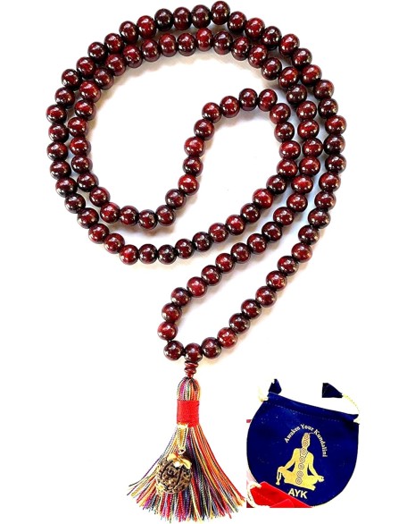 Rosewood mala beads necklace 108 buddhist prayer beads Red Sandalwood japa mala 10 Styles - Energized - w/ mala Pouch (10mm 108+1 Beads w/ 14 mm 5 Mukhi Rudraksha Elastic Mala)