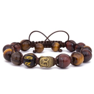 Buddha Red & Brown Tiger's Eye Beaded Bracelet Prosperity Gemstone Bracelet Beaded Macrame Tiger's Eye Tibetan Mantra Om Mani Padme Hum Men's Bracelet