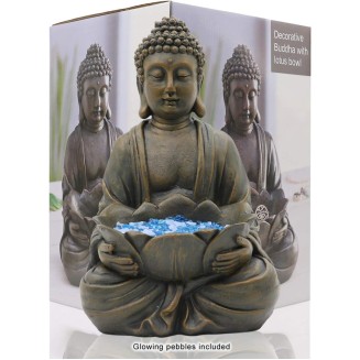 12" Meditating Buddha Statue Figurine w/Lotus - Zen Garden Statues for Indoor/Outdoor Decor- with Magical Glow in Dark Pebbles & Glass Stones, Ideal Gifts for Home (Brown)