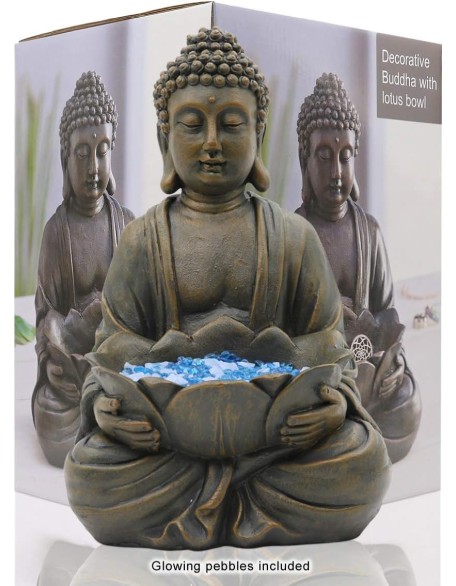 12" Meditating Buddha Statue Figurine w/Lotus - Zen Garden Statues for Indoor/Outdoor Decor- with Magical Glow in Dark Pebbles & Glass Stones, Ideal Gifts for Home (Brown)