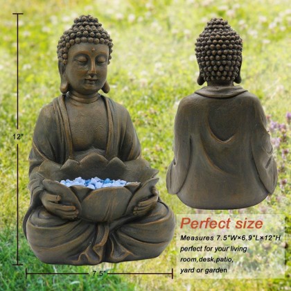 12" Meditating Buddha Statue Figurine w/Lotus - Zen Garden Statues for Indoor/Outdoor Decor- with Magical Glow in Dark Pebbles & Glass Stones, Ideal Gifts for Home (Brown)