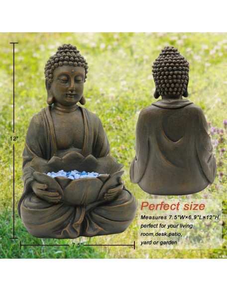 12" Meditating Buddha Statue Figurine w/Lotus - Zen Garden Statues for Indoor/Outdoor Decor- with Magical Glow in Dark Pebbles & Glass Stones, Ideal Gifts for Home (Brown)