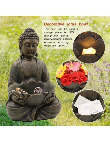 12" Meditating Buddha Statue Figurine w/Lotus - Zen Garden Statues for Indoor/Outdoor Decor- with Magical Glow in Dark Pebbles & Glass Stones, Ideal Gifts for Home (Brown)