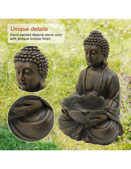 12" Meditating Buddha Statue Figurine w/Lotus - Zen Garden Statues for Indoor/Outdoor Decor- with Magical Glow in Dark Pebbles & Glass Stones, Ideal Gifts for Home (Brown)