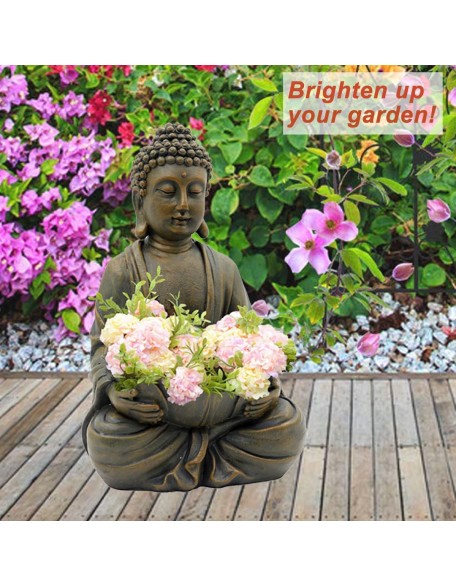 12" Meditating Buddha Statue Figurine w/Lotus - Zen Garden Statues for Indoor/Outdoor Decor- with Magical Glow in Dark Pebbles & Glass Stones, Ideal Gifts for Home (Brown)