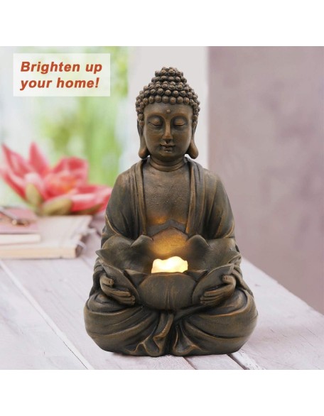 12" Meditating Buddha Statue Figurine w/Lotus - Zen Garden Statues for Indoor/Outdoor Decor- with Magical Glow in Dark Pebbles & Glass Stones, Ideal Gifts for Home (Brown)