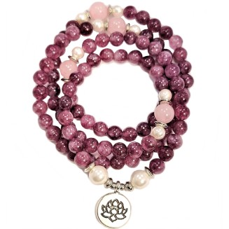 Emotional Healer 108 Japa Mala Real Semi-Precious Stones - Lepidolite & Rose Quartz + Lotus Charm & South Sea Pearls - Yoga Meditation Necklace Stretchy EXCLUSIVE YOGA GIRL USA HANDMADE