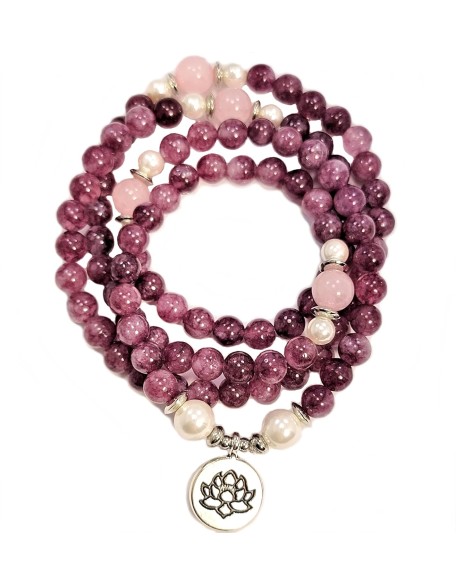 Emotional Healer 108 Japa Mala Real Semi-Precious Stones - Lepidolite & Rose Quartz + Lotus Charm & South Sea Pearls - Yoga Meditation Necklace Stretchy EXCLUSIVE YOGA GIRL USA HANDMADE