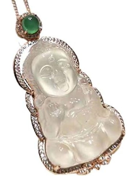 925 Silver Natural White Chalcedony Baby Buddha Pendant Necklace