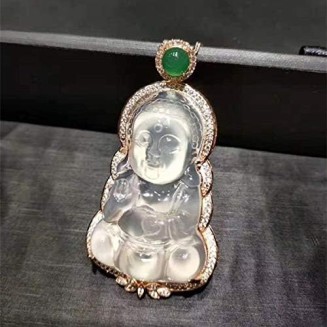 925 Silver Natural White Chalcedony Baby Buddha Pendant Necklace