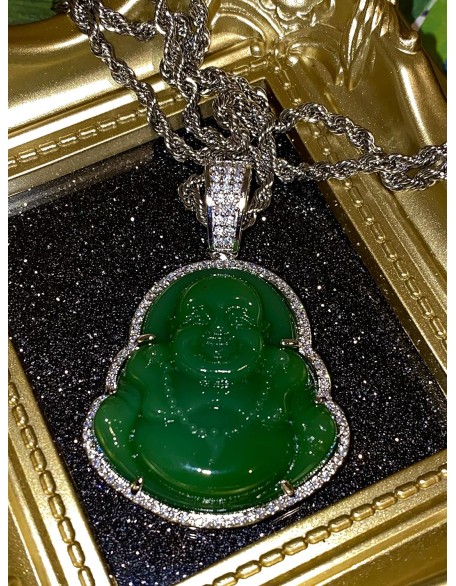 Laughing Buddha Green Jade Pendant Silver Necklace Rope Chain Genuine Certified Grade A Jadeite Jade Hand Crafted, Jade Necklace, 14k Laughing Jade Buddha necklace, Jade Medallion