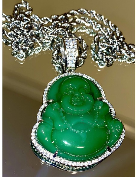 Laughing Buddha Green Jade Pendant Silver Necklace Rope Chain Genuine Certified Grade A Jadeite Jade Hand Crafted, Jade Necklace, 14k Laughing Jade Buddha necklace, Jade Medallion