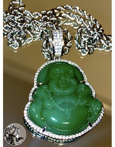 Laughing Buddha Green Jade Pendant Silver Necklace Rope Chain Genuine Certified Grade A Jadeite Jade Hand Crafted, Jade Necklace, 14k Laughing Jade Buddha necklace, Jade Medallion