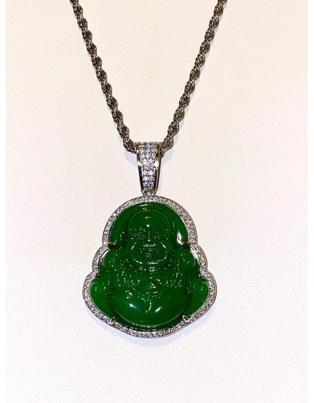 Laughing Buddha Green Jade Pendant Silver Necklace Rope Chain Genuine Certified Grade A Jadeite Jade Hand Crafted, Jade Necklace, 14k Laughing Jade Buddha necklace, Jade Medallion