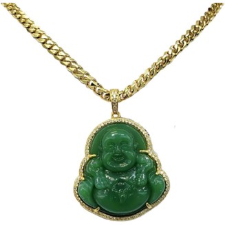 Iced Laughing Buddha Green Jade Pendant Necklace Miami Cuban Link 6mm Chain Genuine Certified Grade A Jadeite Jade Hand Crafted, Jade Neckalce, 14k Gold Filled Laughing Jade Buddha Necklace