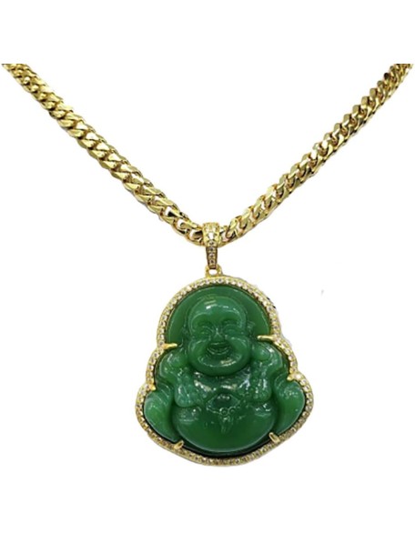 Iced Laughing Buddha Green Jade Pendant Necklace Miami Cuban Link 6mm Chain Genuine Certified Grade A Jadeite Jade Hand Crafted, Jade Neckalce, 14k Gold Filled Laughing Jade Buddha Necklace