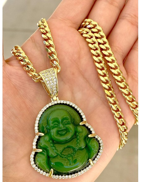 Iced Laughing Buddha Green Jade Pendant Necklace Miami Cuban Link 6mm Chain Genuine Certified Grade A Jadeite Jade Hand Crafted, Jade Neckalce, 14k Gold Filled Laughing Jade Buddha Necklace