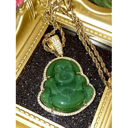 Iced Laughing Buddha Green Jade Pendant Necklace Rope Chain Genuine Certified Grade A Jadeite Jade Hand Crafted, Jade Neckalce, 14k Gold Filled Laughing Jade Buddha Necklace, Jade Medallion