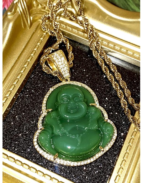 Iced Laughing Buddha Green Jade Pendant Necklace Rope Chain Genuine Certified Grade A Jadeite Jade Hand Crafted, Jade Neckalce, 14k Gold Filled Laughing Jade Buddha Necklace, Jade Medallion