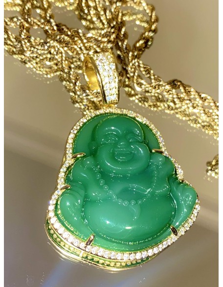 Iced Laughing Buddha Green Jade Pendant Necklace Rope Chain Genuine Certified Grade A Jadeite Jade Hand Crafted, Jade Neckalce, 14k Gold Filled Laughing Jade Buddha Necklace, Jade Medallion