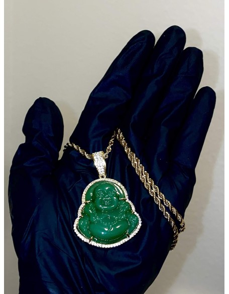 Iced Laughing Buddha Green Jade Pendant Necklace Rope Chain Genuine Certified Grade A Jadeite Jade Hand Crafted, Jade Neckalce, 14k Gold Filled Laughing Jade Buddha Necklace, Jade Medallion