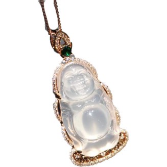 Rose Gold 925 Silver Inlaid White Chalcedony Standing Buddha Jade Pendant Men and Women Retro Maitreya Smiling Buddha Necklace Wear