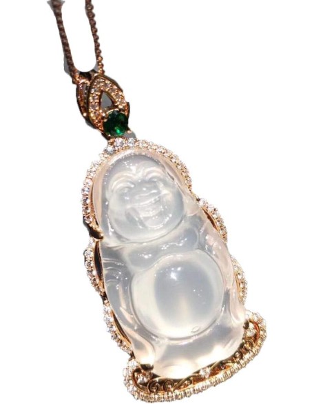 Rose Gold 925 Silver Inlaid White Chalcedony Standing Buddha Jade Pendant Men and Women Retro Maitreya Smiling Buddha Necklace Wear