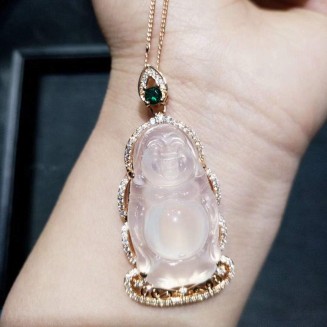 Rose Gold 925 Silver Inlaid White Chalcedony Standing Buddha Jade Pendant Men and Women Retro Maitreya Smiling Buddha Necklace Wear