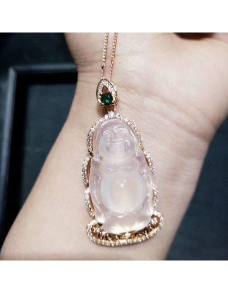 Rose Gold 925 Silver Inlaid White Chalcedony Standing Buddha Jade Pendant Men and Women Retro Maitreya Smiling Buddha Necklace Wear