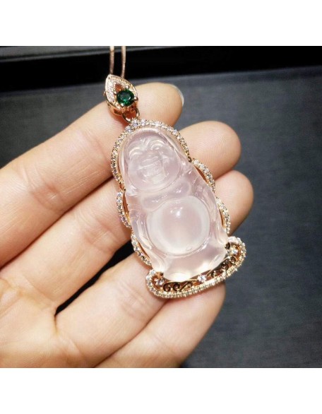 Rose Gold 925 Silver Inlaid White Chalcedony Standing Buddha Jade Pendant Men and Women Retro Maitreya Smiling Buddha Necklace Wear