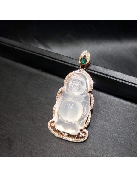 Rose Gold 925 Silver Inlaid White Chalcedony Standing Buddha Jade Pendant Men and Women Retro Maitreya Smiling Buddha Necklace Wear