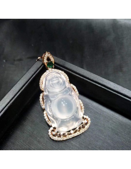 Rose Gold 925 Silver Inlaid White Chalcedony Standing Buddha Jade Pendant Men and Women Retro Maitreya Smiling Buddha Necklace Wear